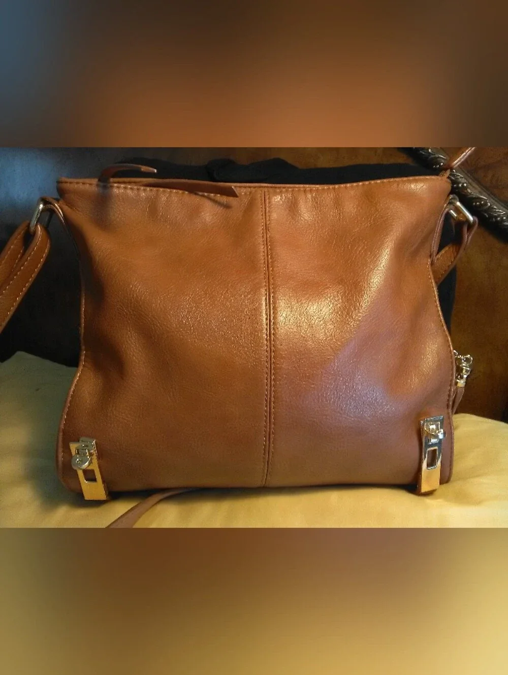 M.M.S. Brown VEGAN Leather Shoulder Bag Gold Buckles Adj. Strap